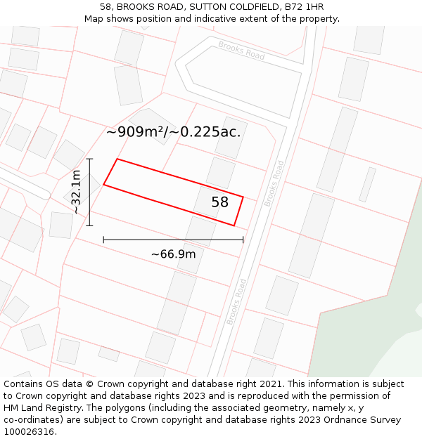 58, BROOKS ROAD, SUTTON COLDFIELD, B72 1HR: Plot and title map