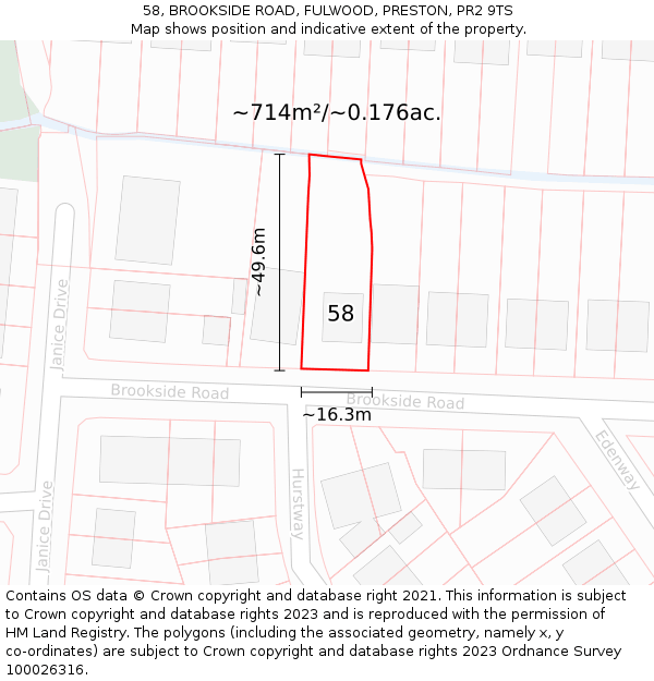 58, BROOKSIDE ROAD, FULWOOD, PRESTON, PR2 9TS: Plot and title map