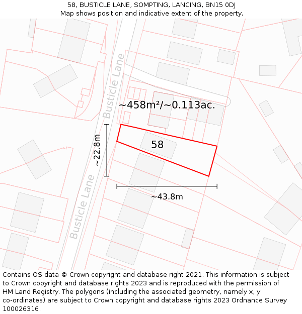 58, BUSTICLE LANE, SOMPTING, LANCING, BN15 0DJ: Plot and title map