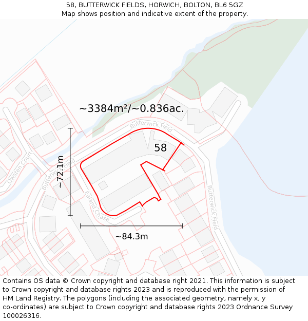 58, BUTTERWICK FIELDS, HORWICH, BOLTON, BL6 5GZ: Plot and title map
