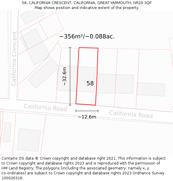 58, CALIFORNIA CRESCENT, CALIFORNIA, GREAT YARMOUTH, NR29 3QP: Plot and title map