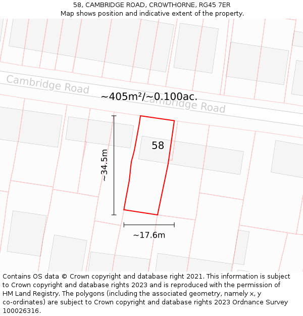 58, CAMBRIDGE ROAD, CROWTHORNE, RG45 7ER: Plot and title map