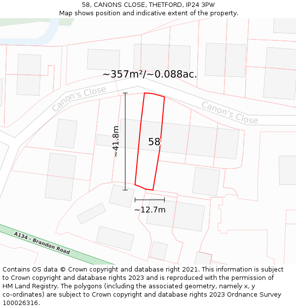 58, CANONS CLOSE, THETFORD, IP24 3PW: Plot and title map
