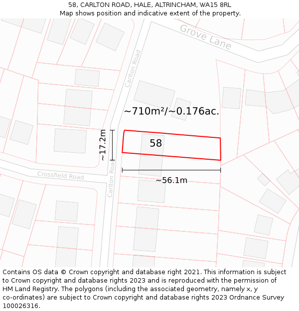 58, CARLTON ROAD, HALE, ALTRINCHAM, WA15 8RL: Plot and title map