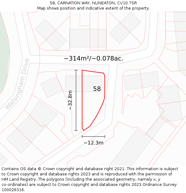 58, CARNATION WAY, NUNEATON, CV10 7SR: Plot and title map