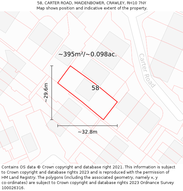 58, CARTER ROAD, MAIDENBOWER, CRAWLEY, RH10 7NY: Plot and title map