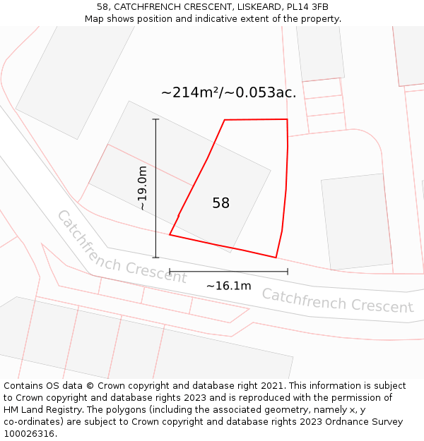 58, CATCHFRENCH CRESCENT, LISKEARD, PL14 3FB: Plot and title map