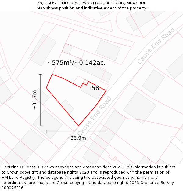 58, CAUSE END ROAD, WOOTTON, BEDFORD, MK43 9DE: Plot and title map