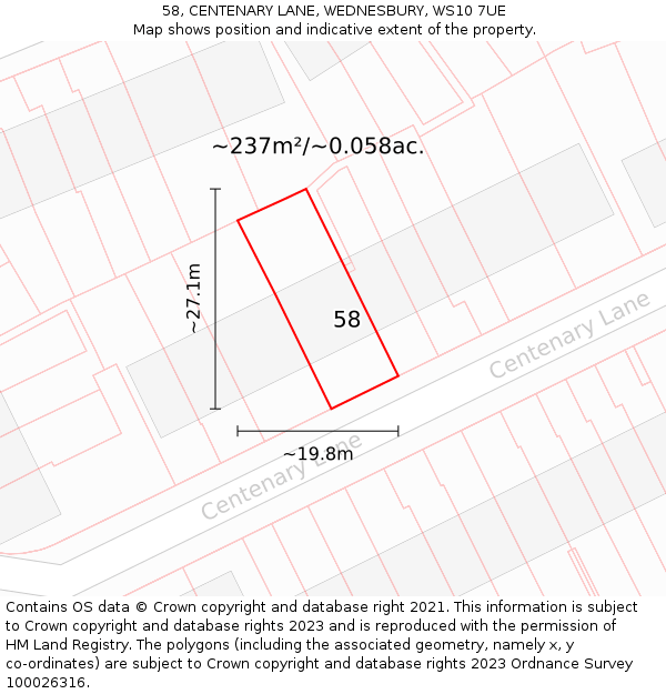 58, CENTENARY LANE, WEDNESBURY, WS10 7UE: Plot and title map