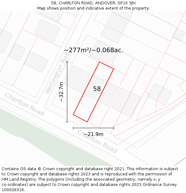 58, CHARLTON ROAD, ANDOVER, SP10 3JN: Plot and title map