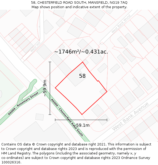 58, CHESTERFIELD ROAD SOUTH, MANSFIELD, NG19 7AQ: Plot and title map