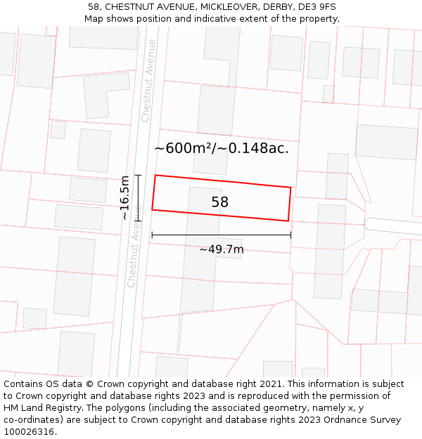 58, CHESTNUT AVENUE, MICKLEOVER, DERBY, DE3 9FS: Plot and title map