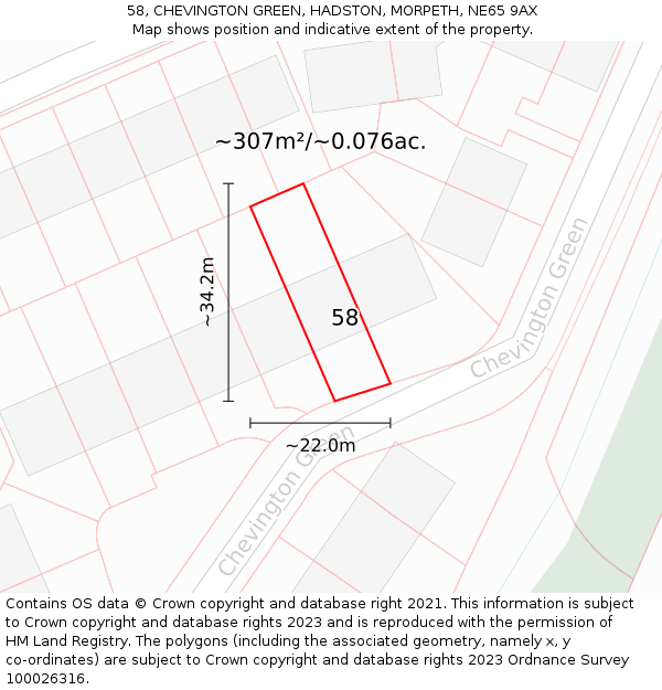 58, CHEVINGTON GREEN, HADSTON, MORPETH, NE65 9AX: Plot and title map