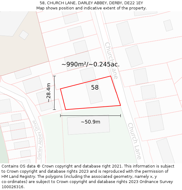 58, CHURCH LANE, DARLEY ABBEY, DERBY, DE22 1EY: Plot and title map