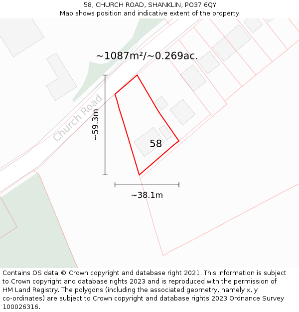 58, CHURCH ROAD, SHANKLIN, PO37 6QY: Plot and title map