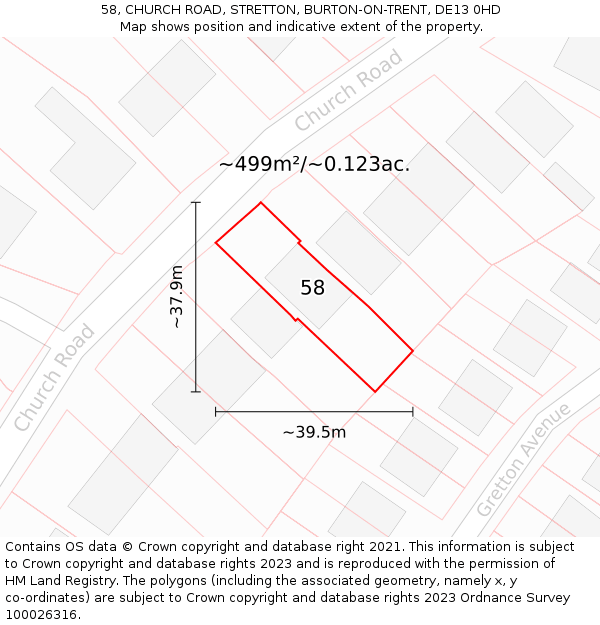 58, CHURCH ROAD, STRETTON, BURTON-ON-TRENT, DE13 0HD: Plot and title map