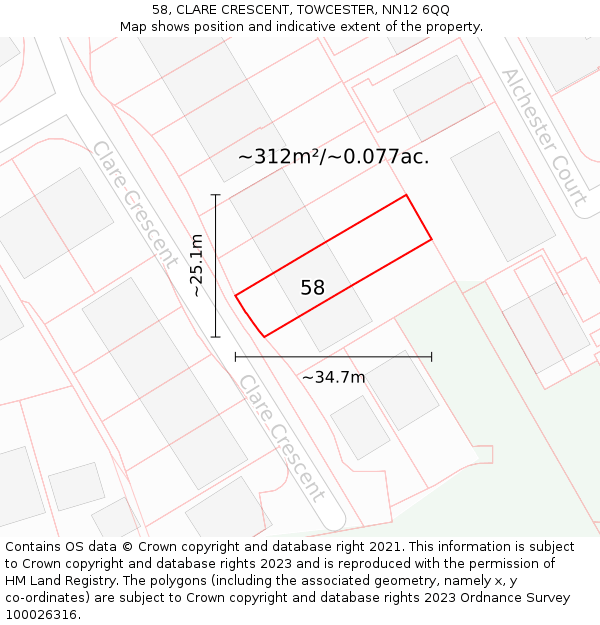 58, CLARE CRESCENT, TOWCESTER, NN12 6QQ: Plot and title map