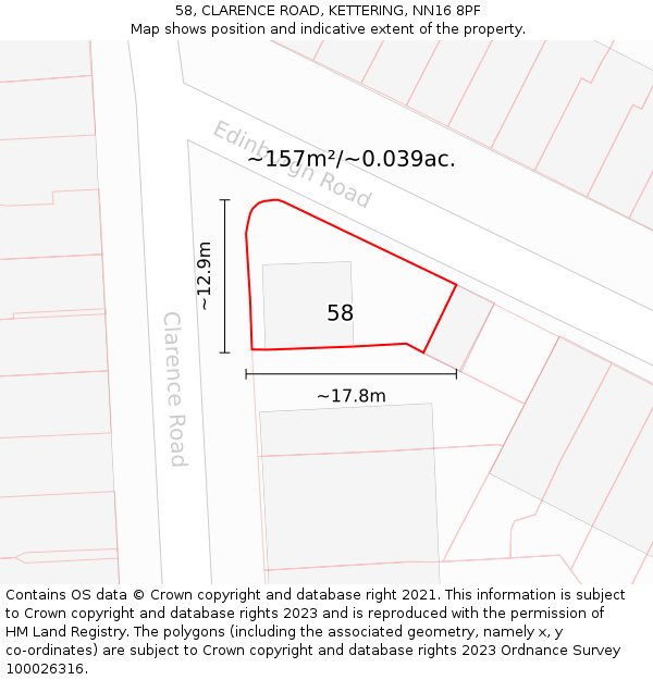 58, CLARENCE ROAD, KETTERING, NN16 8PF: Plot and title map