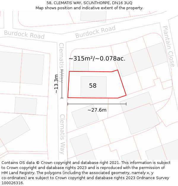 58, CLEMATIS WAY, SCUNTHORPE, DN16 3UQ: Plot and title map
