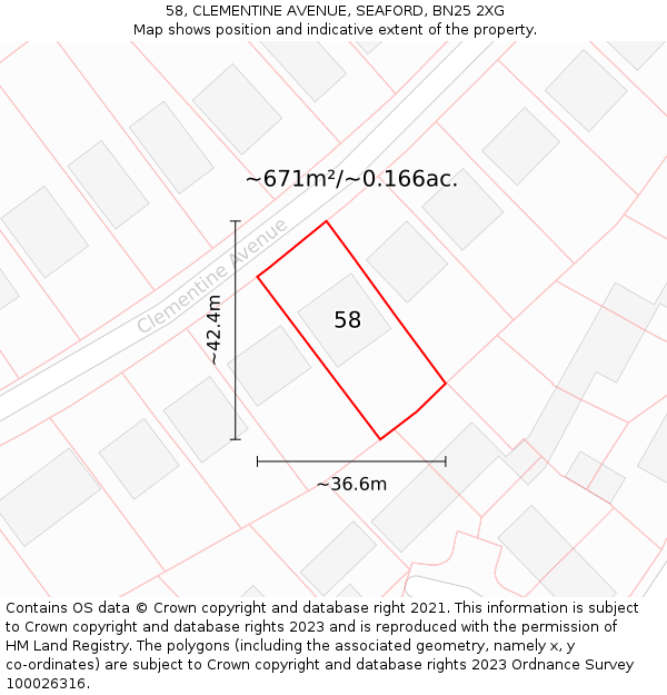 58, CLEMENTINE AVENUE, SEAFORD, BN25 2XG: Plot and title map