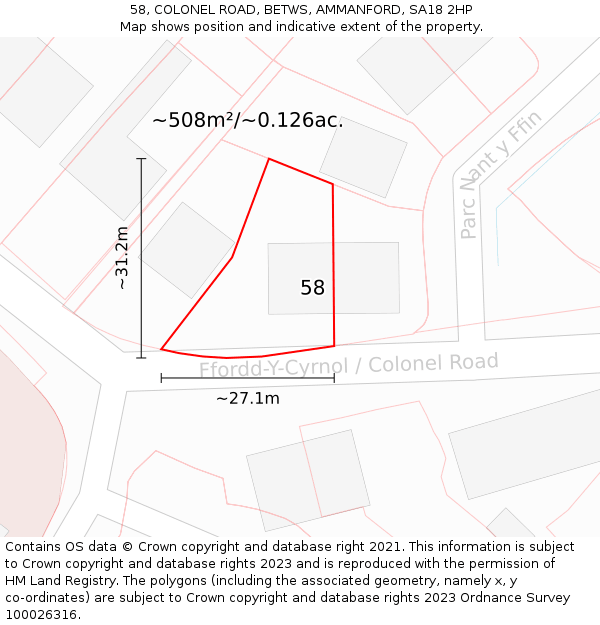 58, COLONEL ROAD, BETWS, AMMANFORD, SA18 2HP: Plot and title map
