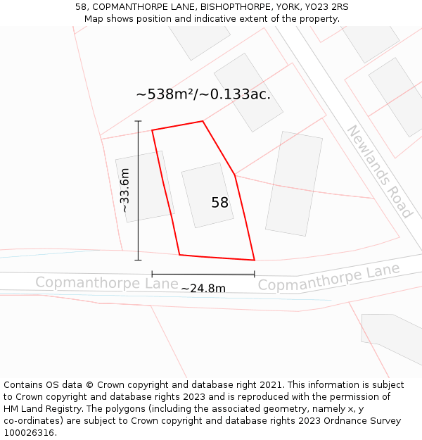 58, COPMANTHORPE LANE, BISHOPTHORPE, YORK, YO23 2RS: Plot and title map