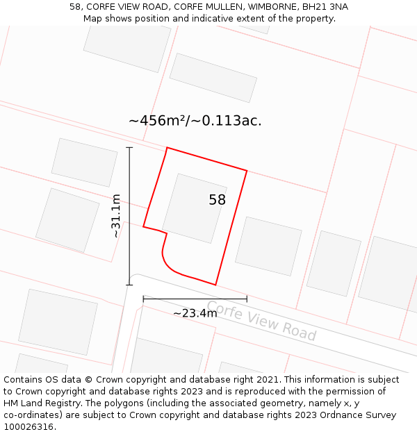 58, CORFE VIEW ROAD, CORFE MULLEN, WIMBORNE, BH21 3NA: Plot and title map