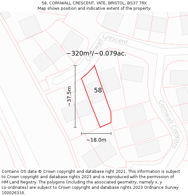 58, CORNWALL CRESCENT, YATE, BRISTOL, BS37 7RX: Plot and title map