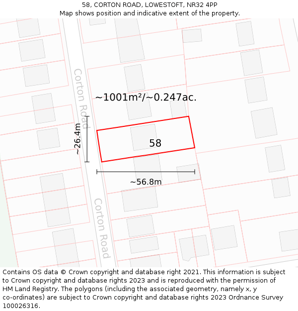 58, CORTON ROAD, LOWESTOFT, NR32 4PP: Plot and title map