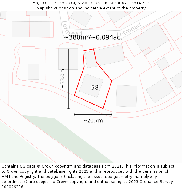 58, COTTLES BARTON, STAVERTON, TROWBRIDGE, BA14 6FB: Plot and title map