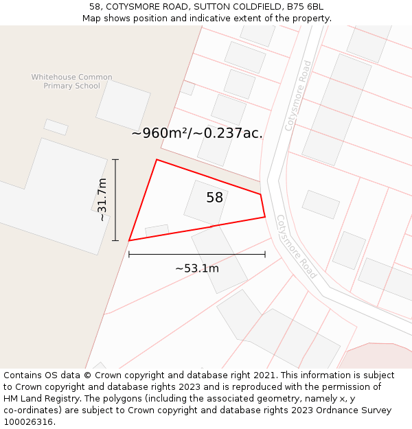 58, COTYSMORE ROAD, SUTTON COLDFIELD, B75 6BL: Plot and title map