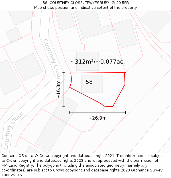 58, COURTNEY CLOSE, TEWKESBURY, GL20 5FB: Plot and title map