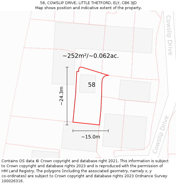 58, COWSLIP DRIVE, LITTLE THETFORD, ELY, CB6 3JD: Plot and title map