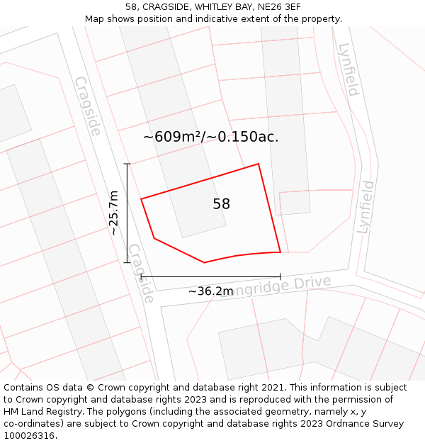 58, CRAGSIDE, WHITLEY BAY, NE26 3EF: Plot and title map