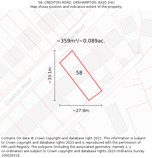 58, CREDITON ROAD, OKEHAMPTON, EX20 1NU: Plot and title map
