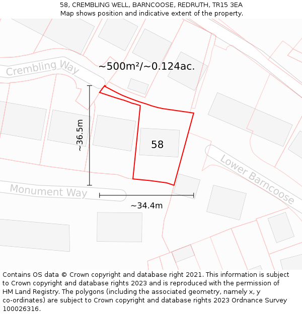 58, CREMBLING WELL, BARNCOOSE, REDRUTH, TR15 3EA: Plot and title map