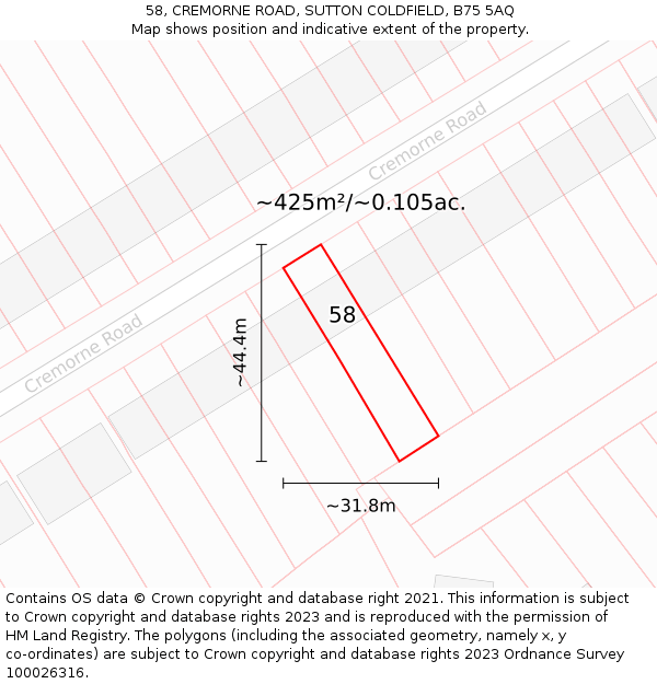 58, CREMORNE ROAD, SUTTON COLDFIELD, B75 5AQ: Plot and title map