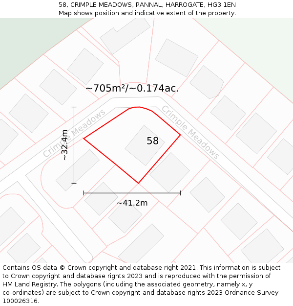 58, CRIMPLE MEADOWS, PANNAL, HARROGATE, HG3 1EN: Plot and title map