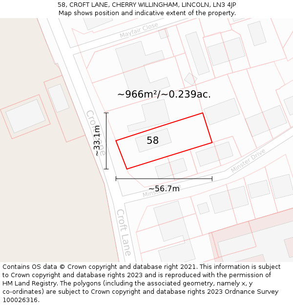 58, CROFT LANE, CHERRY WILLINGHAM, LINCOLN, LN3 4JP: Plot and title map