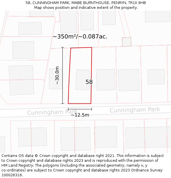 58, CUNNINGHAM PARK, MABE BURNTHOUSE, PENRYN, TR10 9HB: Plot and title map