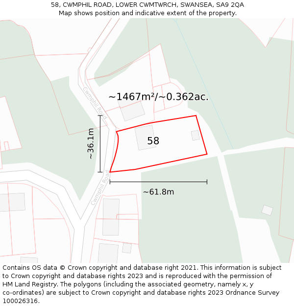 58, CWMPHIL ROAD, LOWER CWMTWRCH, SWANSEA, SA9 2QA: Plot and title map