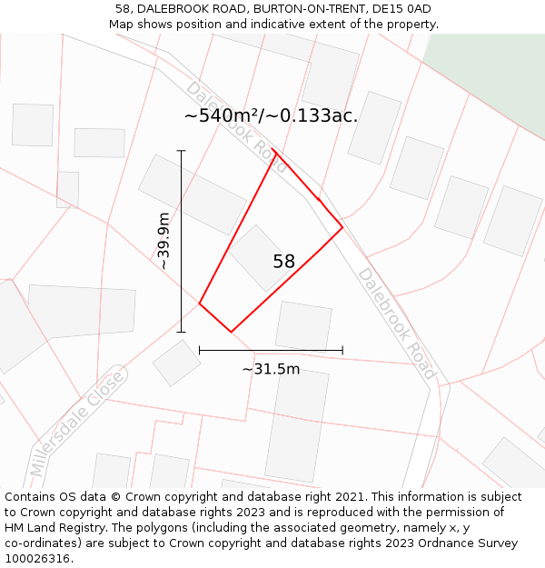 58, DALEBROOK ROAD, BURTON-ON-TRENT, DE15 0AD: Plot and title map