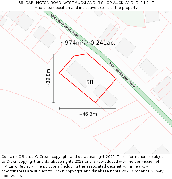 58, DARLINGTON ROAD, WEST AUCKLAND, BISHOP AUCKLAND, DL14 9HT: Plot and title map