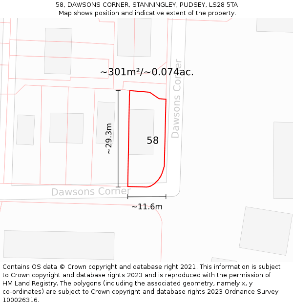 58, DAWSONS CORNER, STANNINGLEY, PUDSEY, LS28 5TA: Plot and title map