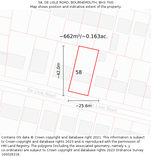 58, DE LISLE ROAD, BOURNEMOUTH, BH3 7NG: Plot and title map