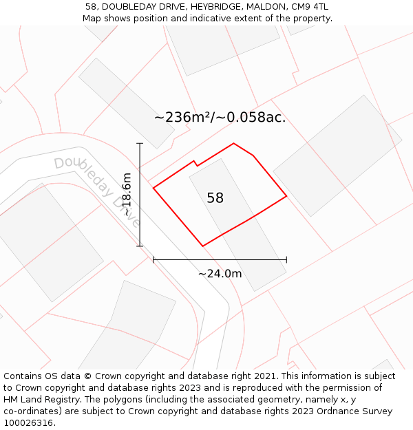 58, DOUBLEDAY DRIVE, HEYBRIDGE, MALDON, CM9 4TL: Plot and title map