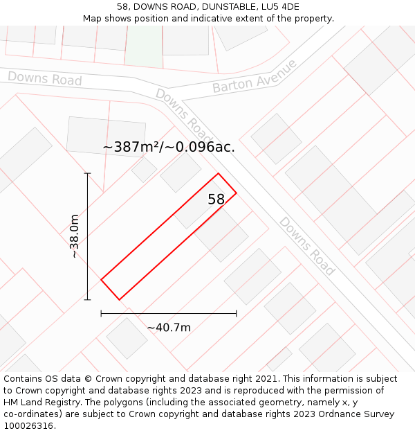 58, DOWNS ROAD, DUNSTABLE, LU5 4DE: Plot and title map