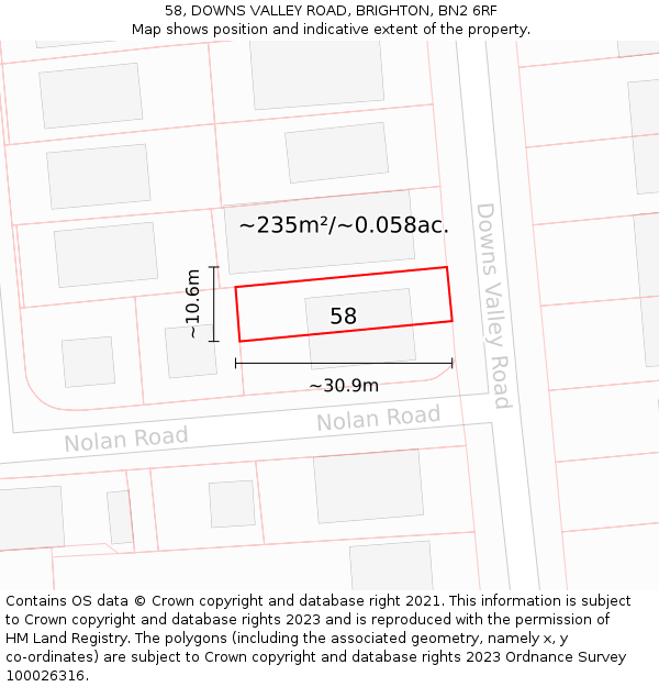 58, DOWNS VALLEY ROAD, BRIGHTON, BN2 6RF: Plot and title map