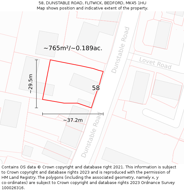 58, DUNSTABLE ROAD, FLITWICK, BEDFORD, MK45 1HU: Plot and title map