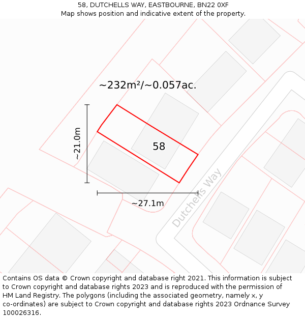 58, DUTCHELLS WAY, EASTBOURNE, BN22 0XF: Plot and title map